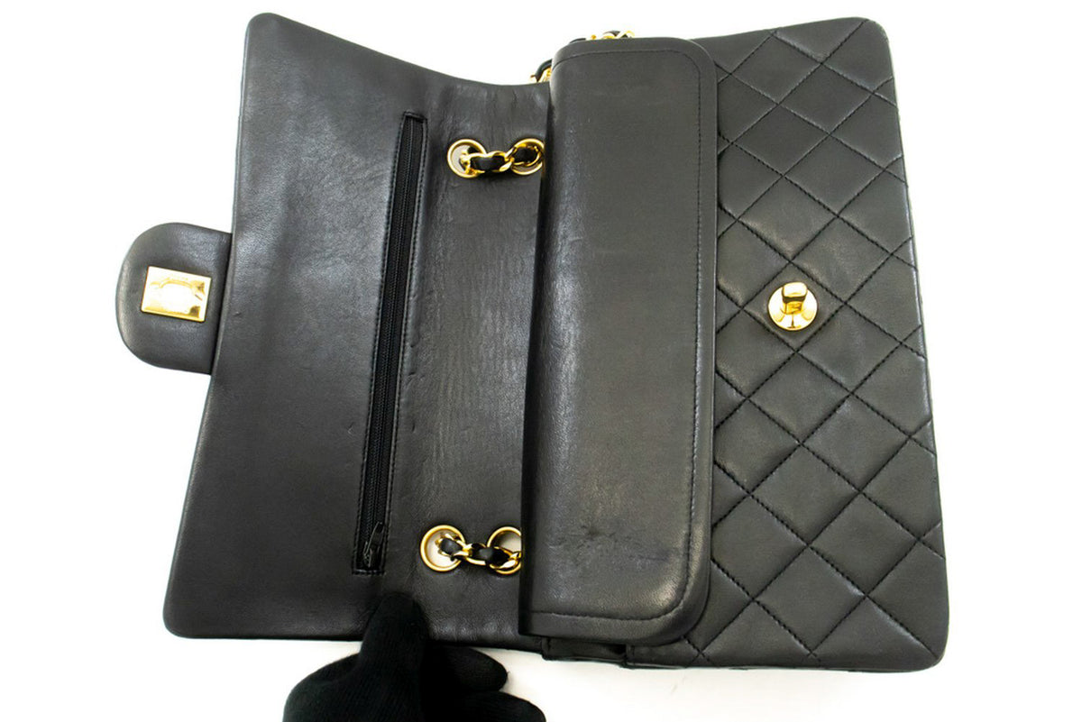 CHANEL Classic Double Flap 10" Chain Shoulder Bag Black Lambskin ao6 hannari-shop