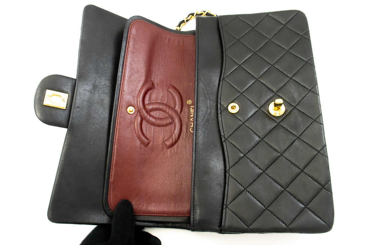 CHANEL Classic Double Flap 10" Chain Shoulder Bag Black Lambskin ao6 hannari-shop