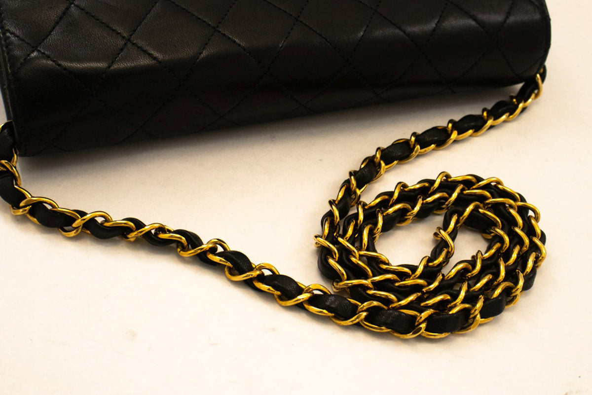 CHANEL Small Chain Shoulder Bag Clutch Black Quilted Flap Lambskin ao7 — flap open hannari-shop