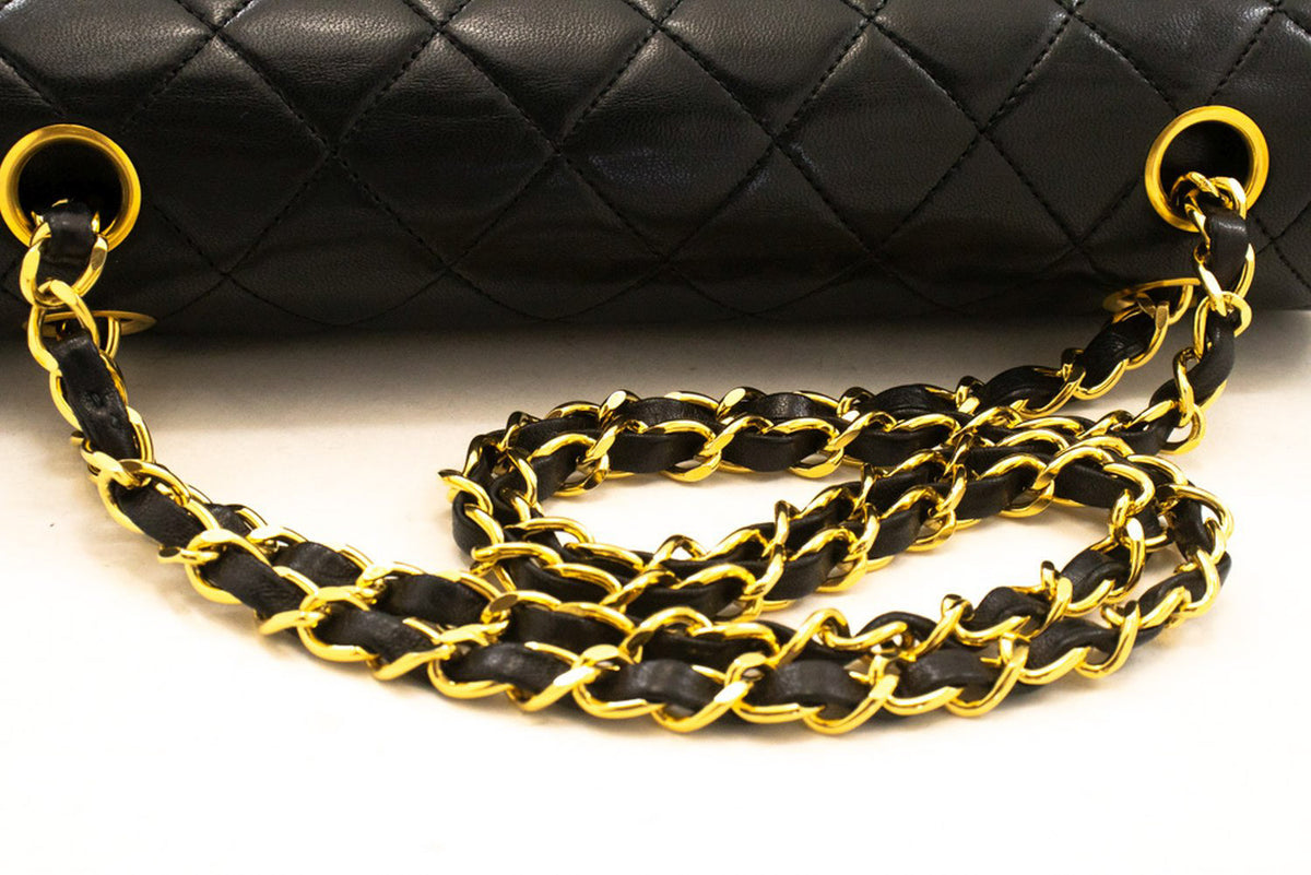 CHANEL Classic Double Flap 10" Chain Shoulder Bag Black Lambskin ap6 hannari-shop