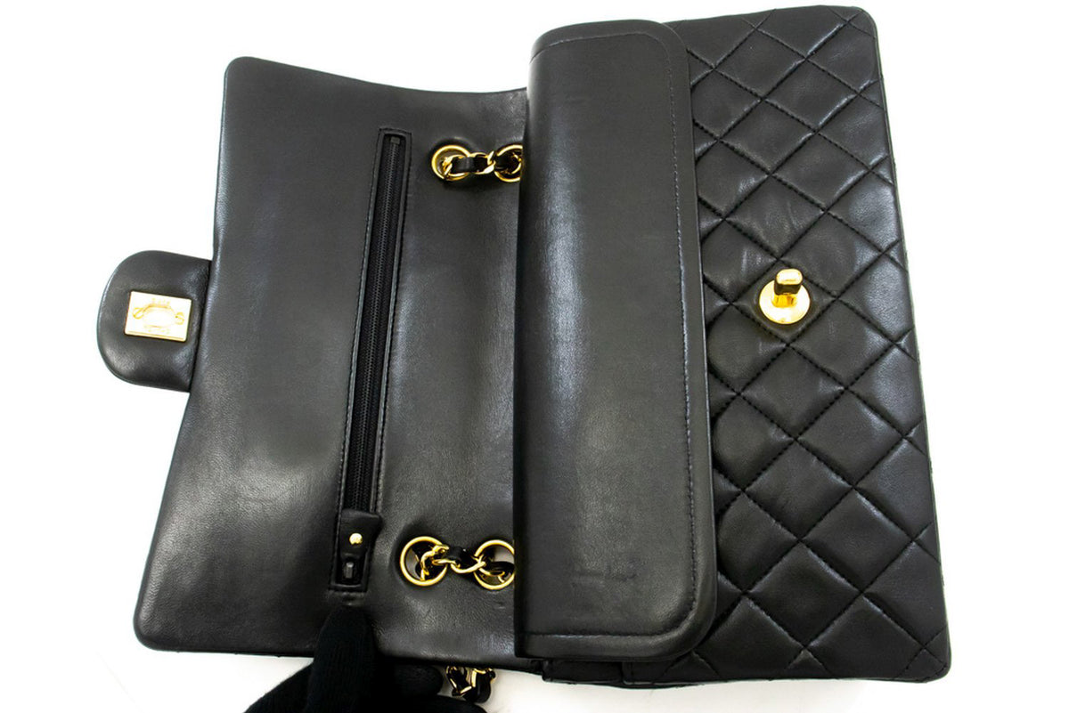 CHANEL Classic Double Flap 10" Chain Shoulder Bag Black Lambskin ap6 hannari-shop