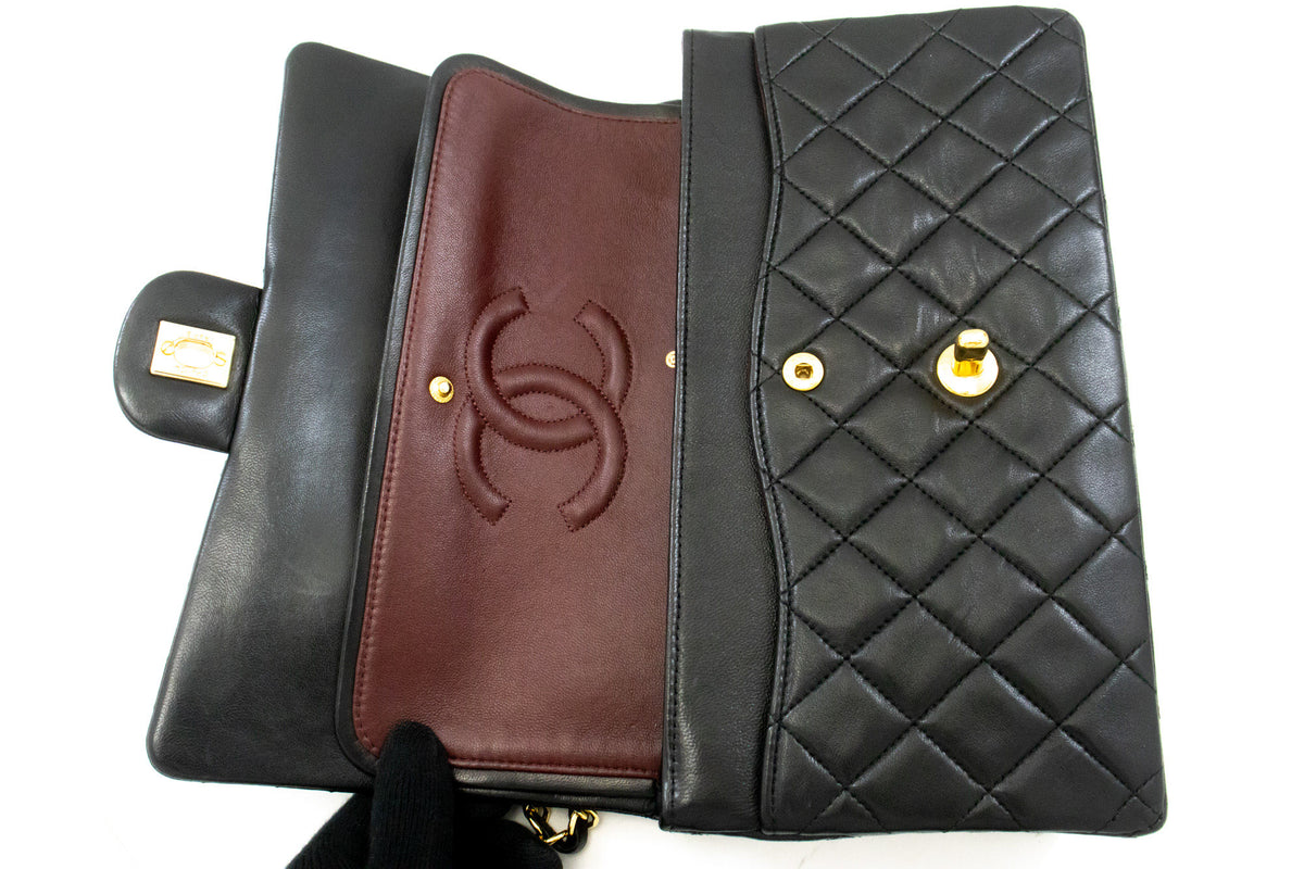 CHANEL Classic Double Flap 10" Chain Shoulder Bag Black Lambskin ap6 hannari-shop