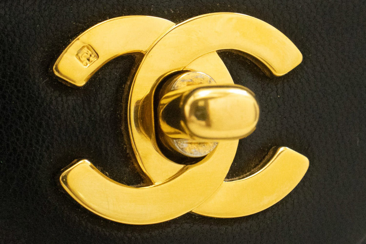 CHANEL Classic Double Flap 9" Chain Shoulder Bag Black Lambskin ap2 — interior hannari-shop