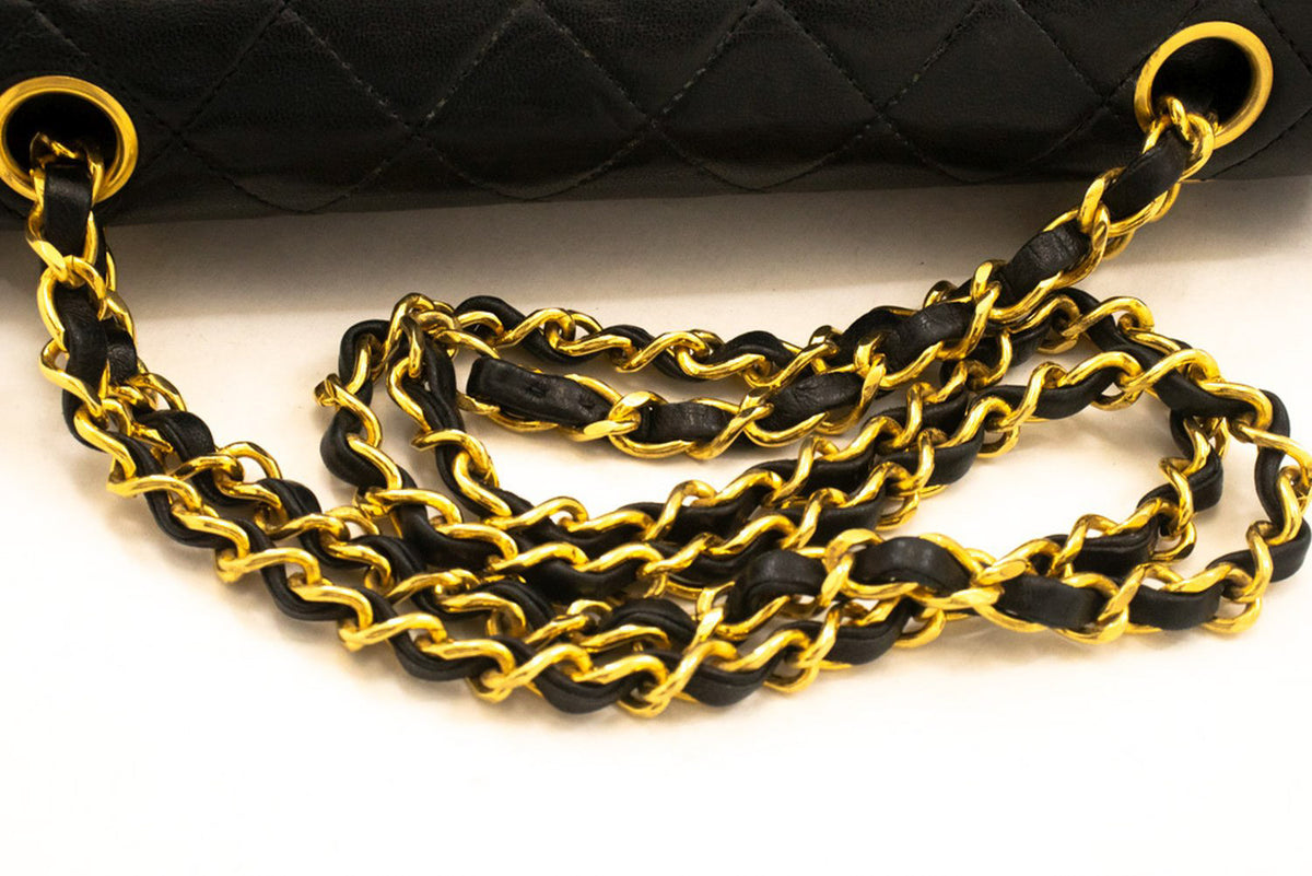 CHANEL Classic Double Flap 9" Chain Shoulder Bag Black Lambskin ap2 — flap open hannari-shop