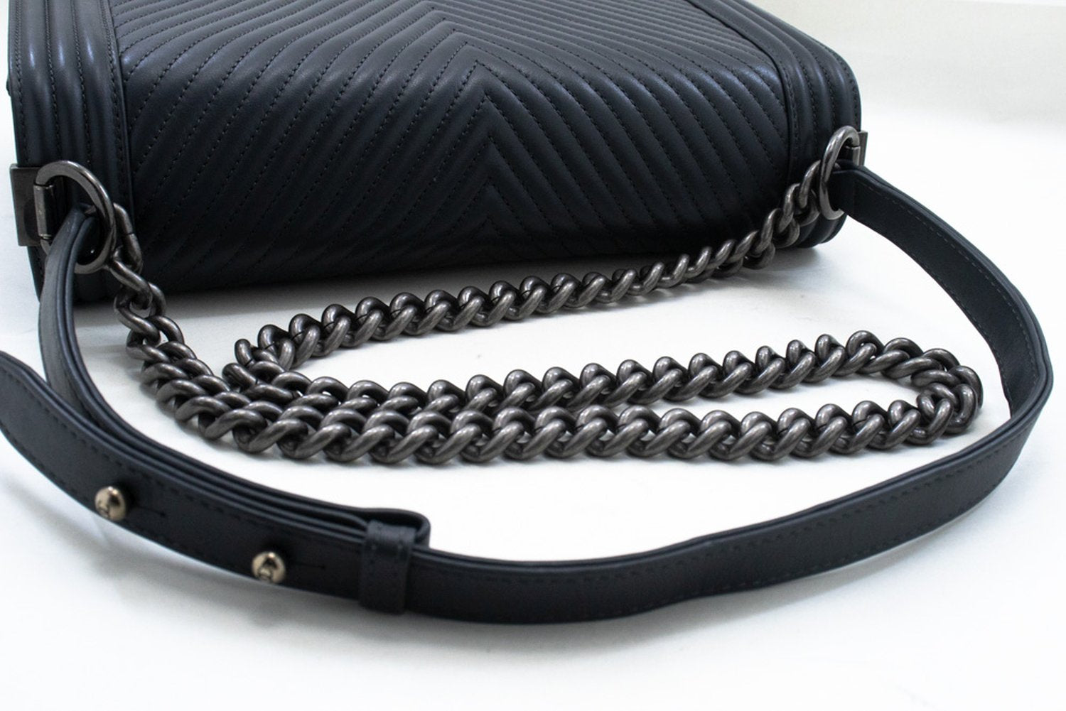 CHANEL Boy Dark Gray V-Stitch Chain Shoulder Bag Quilted Flap n41 hannari-shop