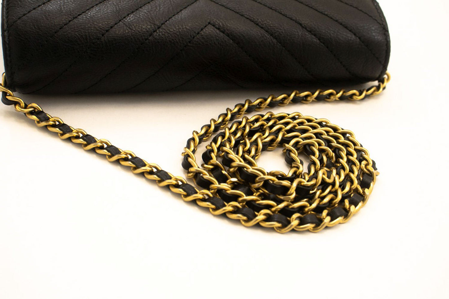 CHANEL V-Stitch Calfskin Wallet On Chain WOC Chain Shoulder Bag ab2 hannari-shop