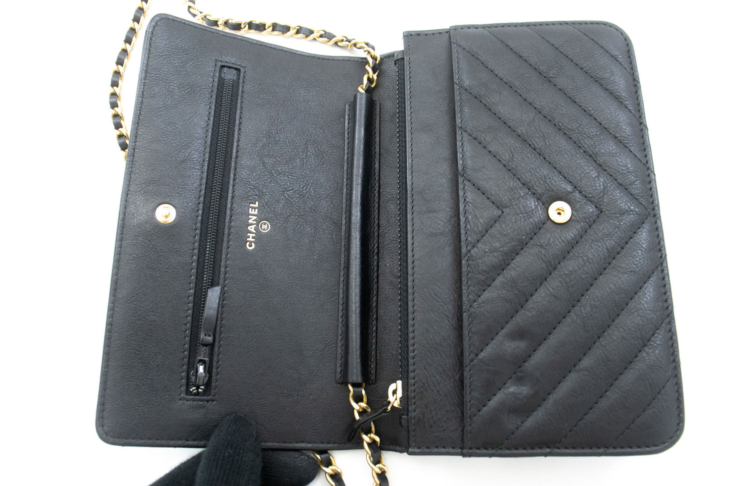 CHANEL V-Stitch Calfskin Wallet On Chain WOC Chain Shoulder Bag ab2 hannari-shop