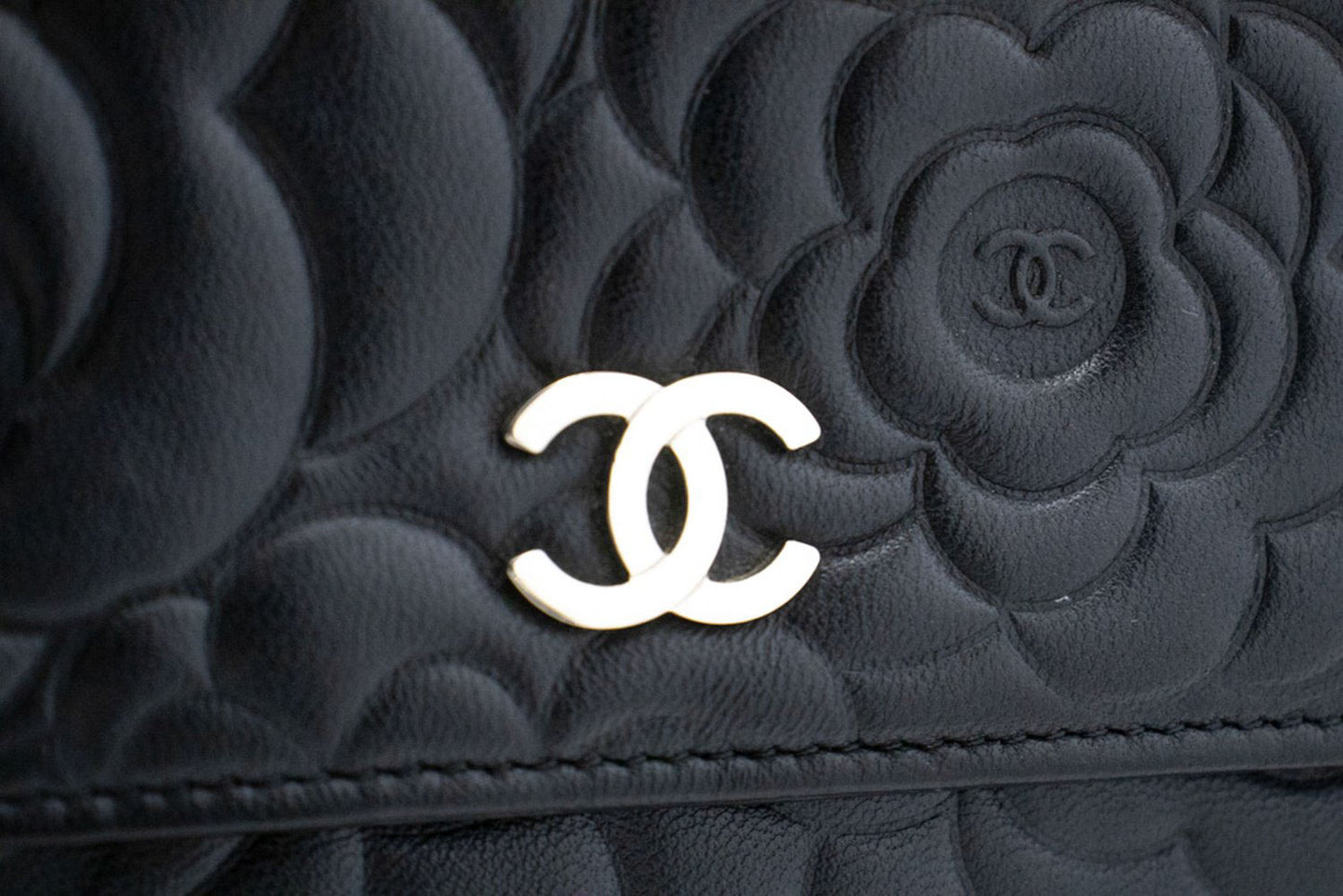 CHANEL Black Camellia Embossed Wallet On Chain WOC Shoulder Bag ab6 hannari-shop