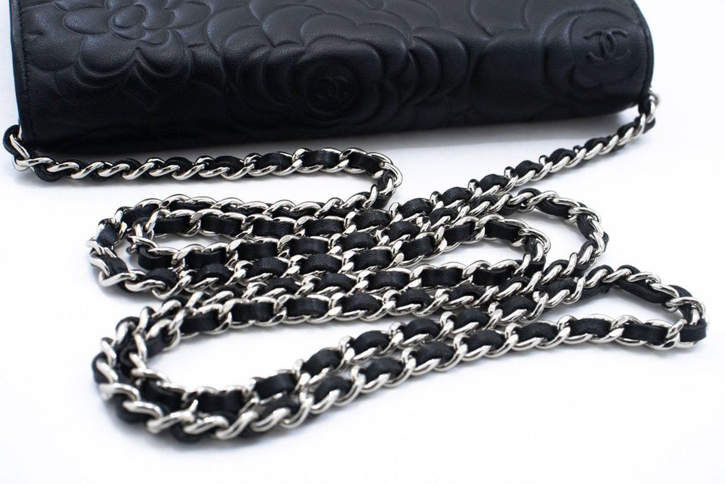 CHANEL Black Camellia Embossed Wallet On Chain WOC Shoulder Bag ab6 hannari-shop