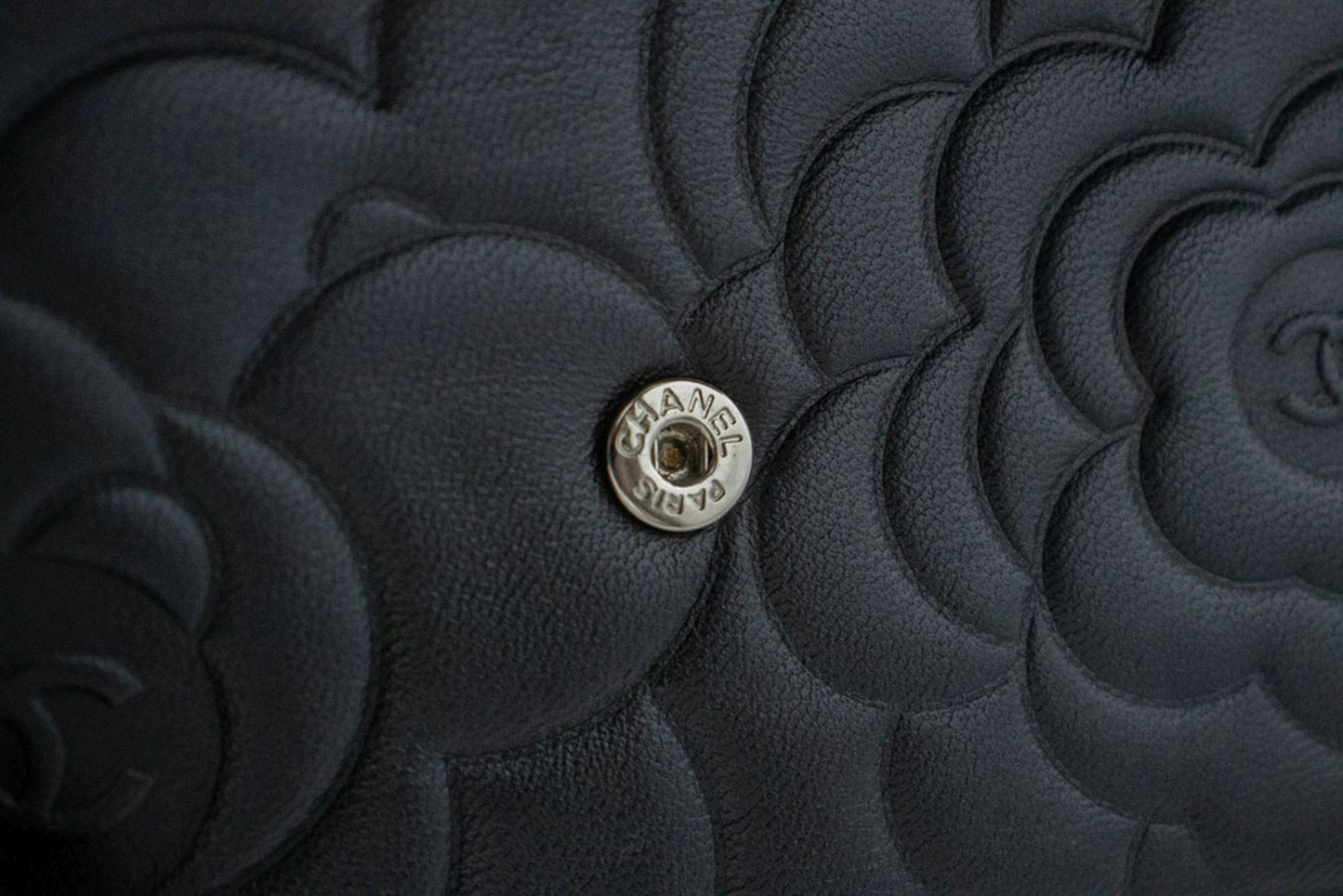 CHANEL Black Camellia Embossed Wallet On Chain WOC Shoulder Bag ab6 hannari-shop