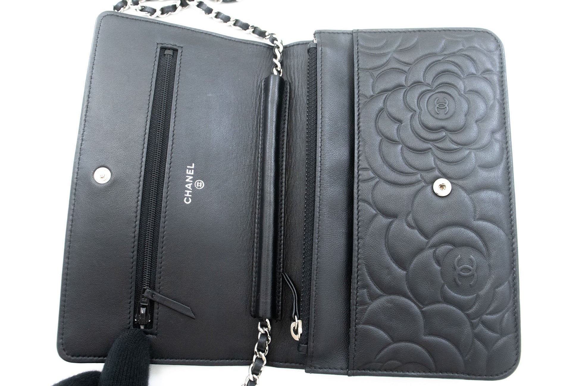 CHANEL Black Camellia Embossed Wallet On Chain WOC Shoulder Bag ab6 hannari-shop