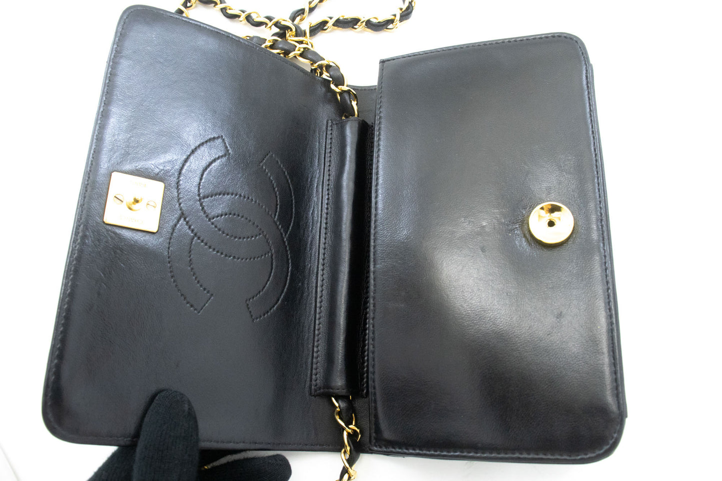 CHANEL Full Flap Small Chain Shoulder Bag Clutch Black Quilted ab7 hannari-shop