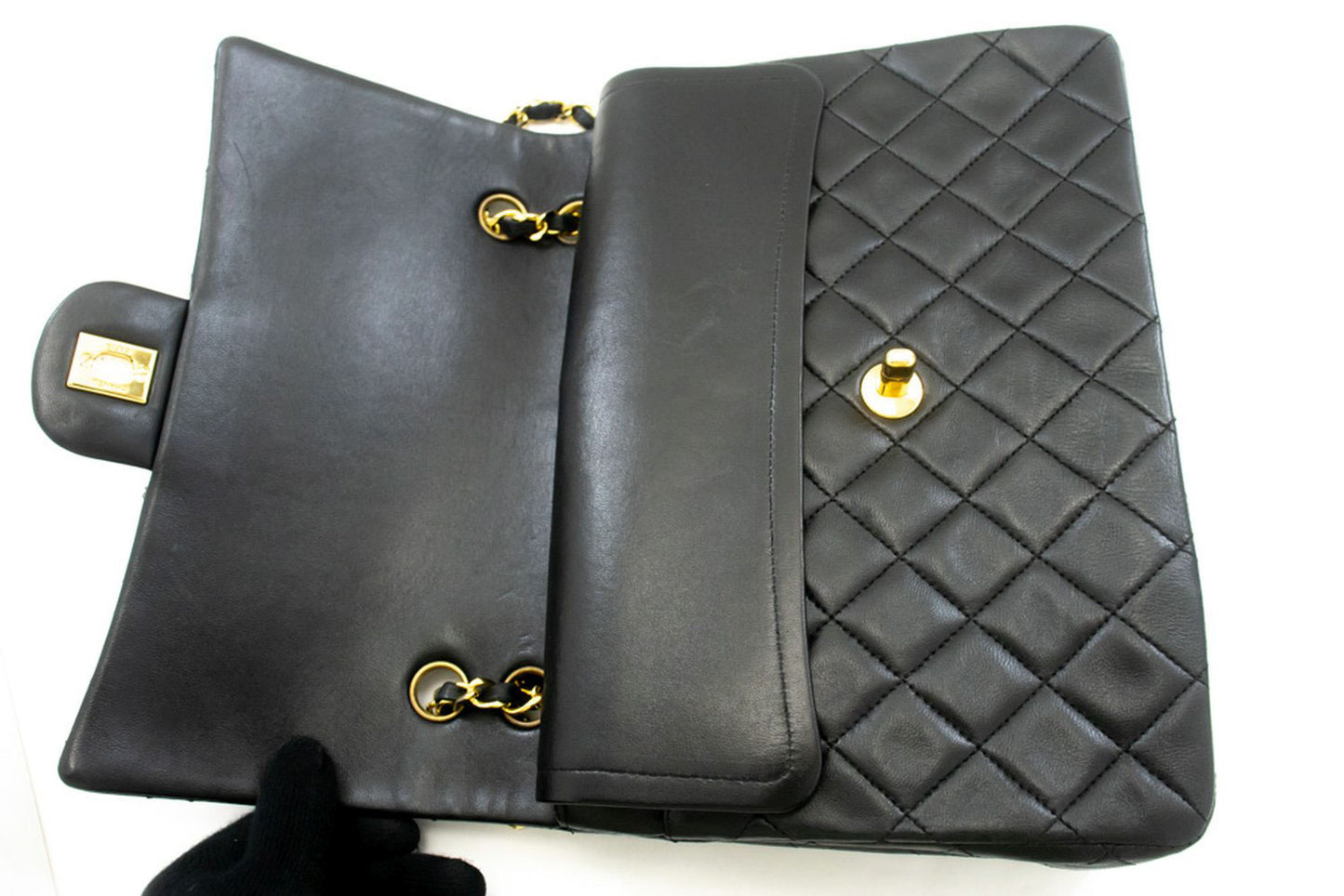 CHANEL Classic Double Flap Square Chain Shoulder Bag Black Lamb ad7 hannari-shop
