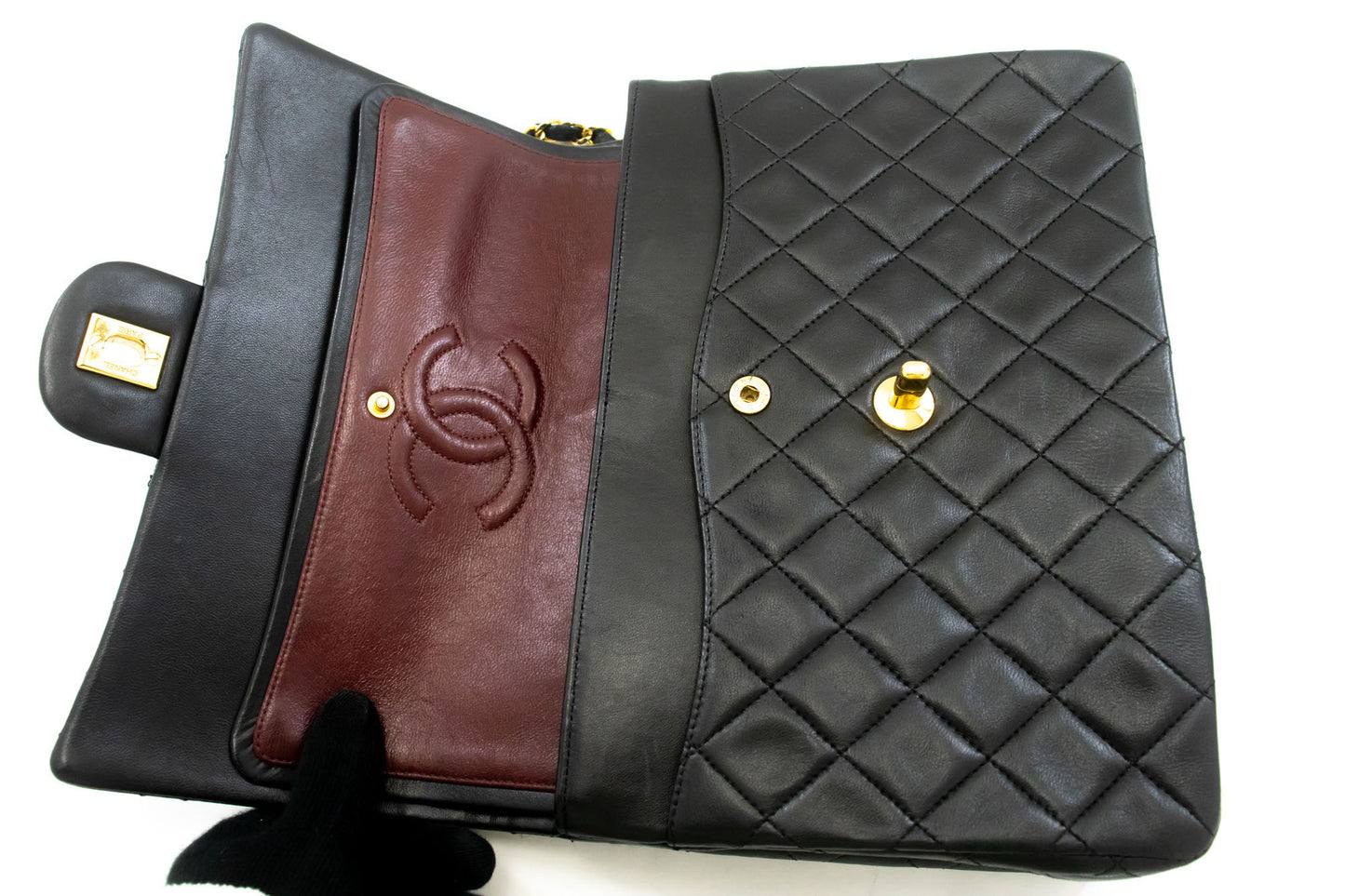 CHANEL Classic Double Flap Square Chain Shoulder Bag Black Lamb ad7 hannari-shop