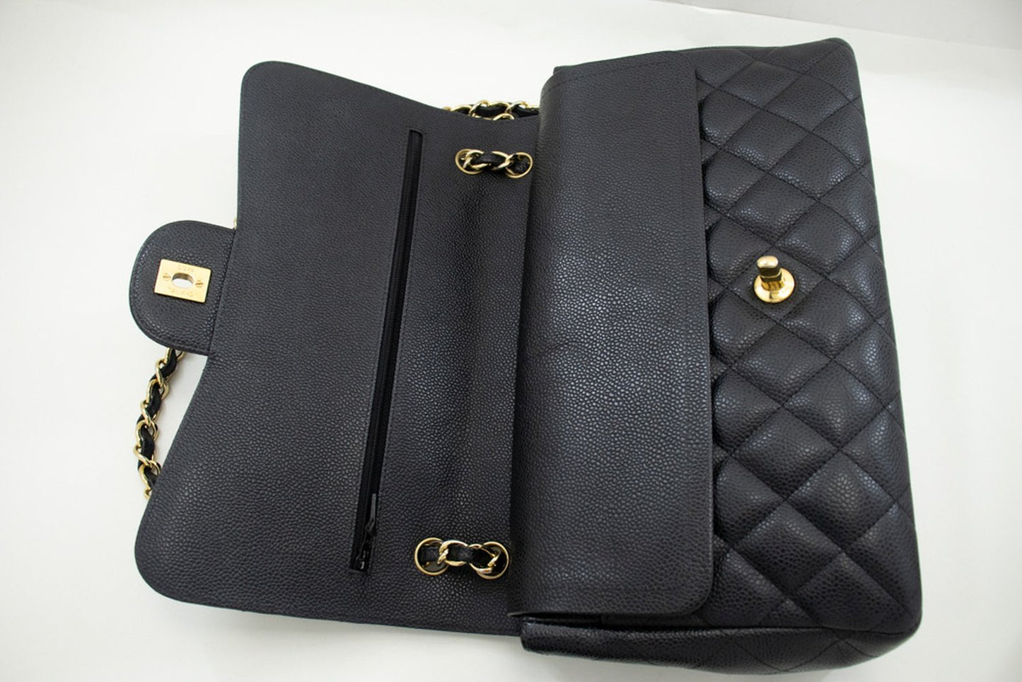 CHANEL Classic Large 11" Chain Shoulder Bag W Flap Black Caviar L66