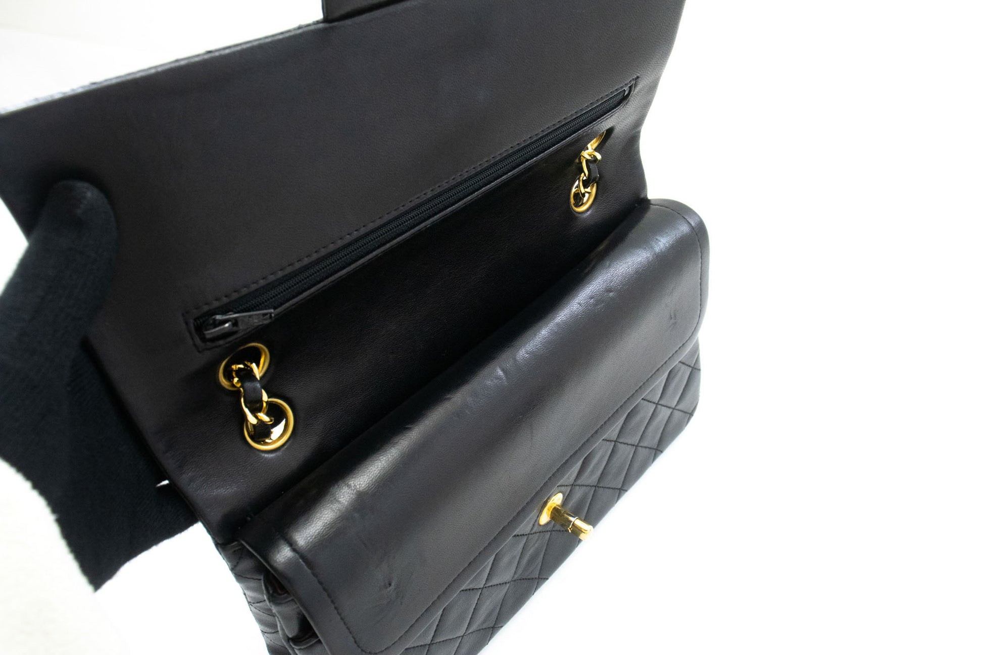 CHANEL Classic Double Flap 10" Chain Shoulder Bag Black Lambskin ad8 hannari-shop