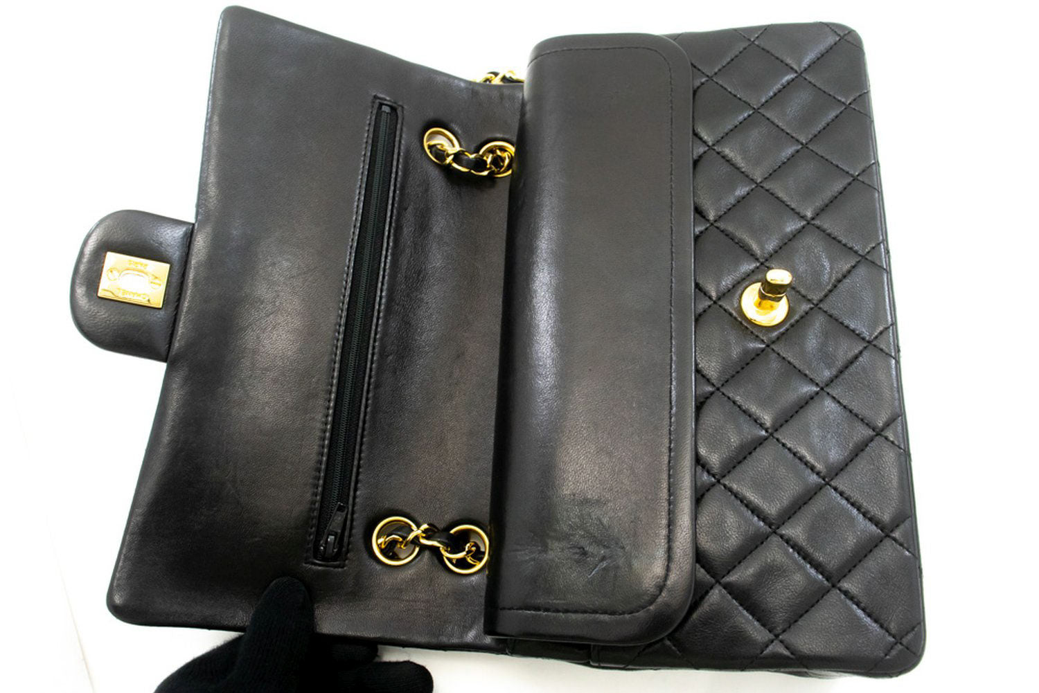 CHANEL Classic Double Flap 10" Chain Shoulder Bag Black Lambskin ad8 hannari-shop