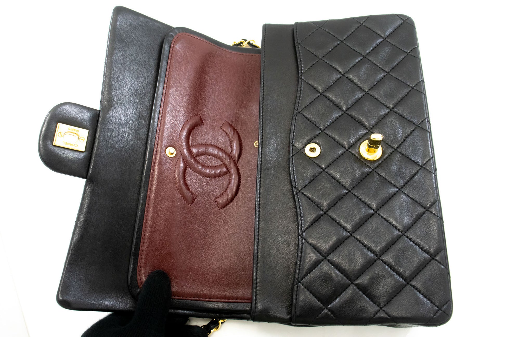 CHANEL Classic Double Flap 10" Chain Shoulder Bag Black Lambskin ad8 hannari-shop
