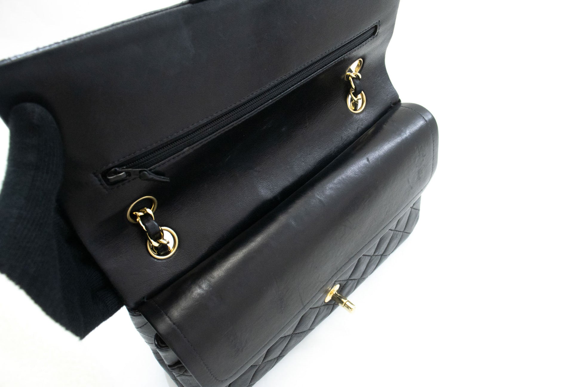 CHANEL Classic Double Flap 10" Chain Shoulder Bag Black Lambskin ac9 hannari-shop