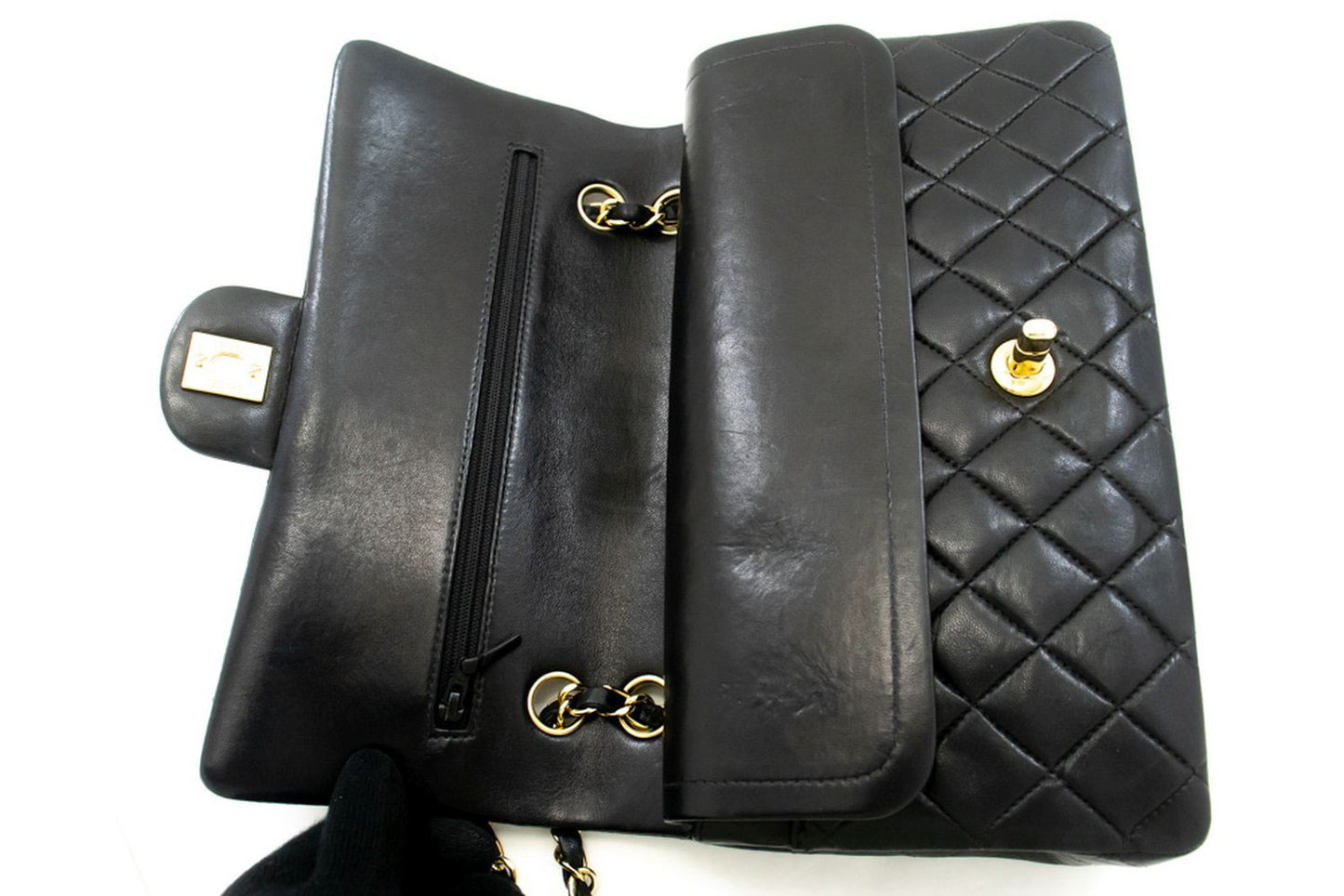 CHANEL Classic Double Flap 10" Chain Shoulder Bag Black Lambskin ac9 hannari-shop
