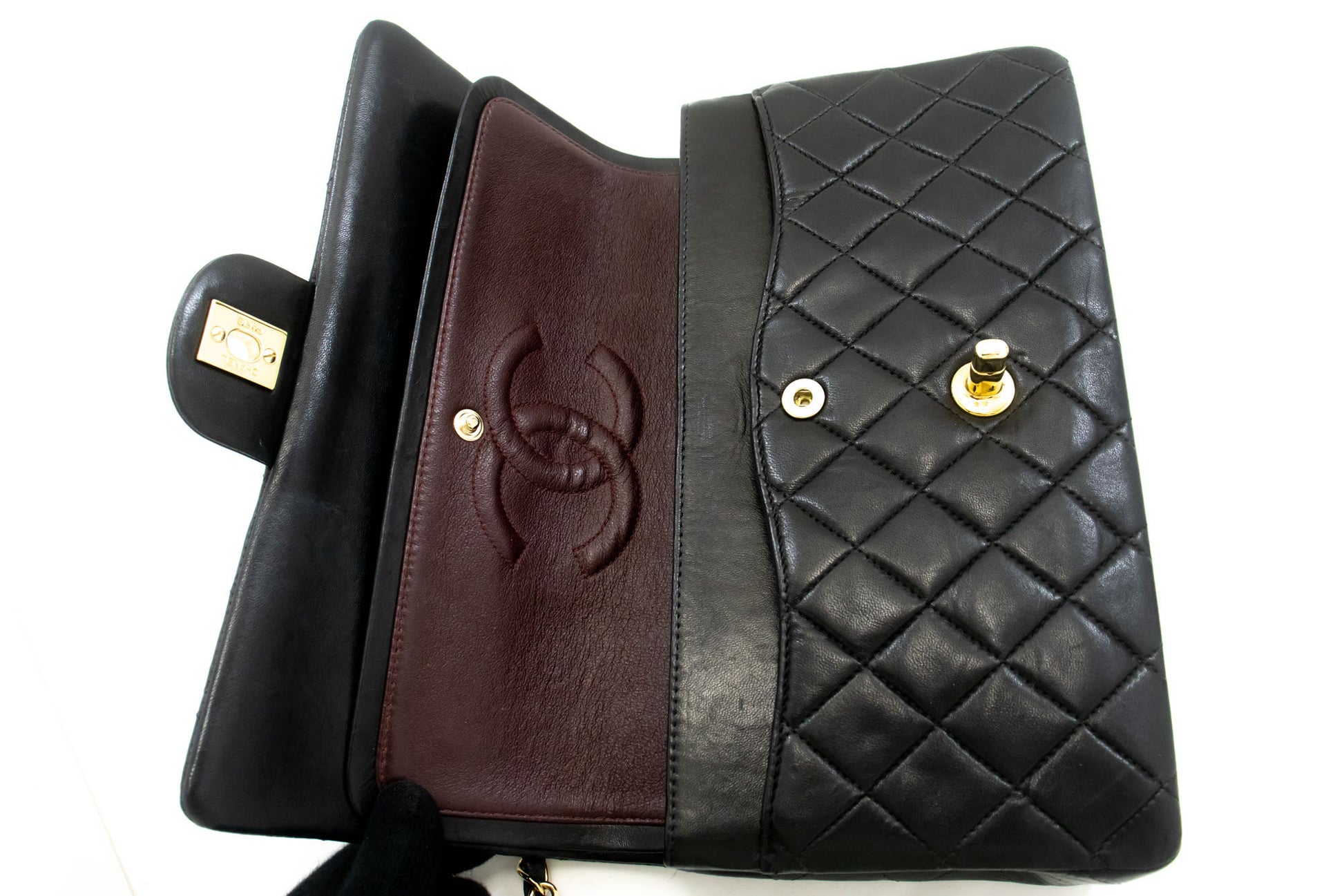CHANEL Classic Double Flap 10" Chain Shoulder Bag Black Lambskin ac9 hannari-shop
