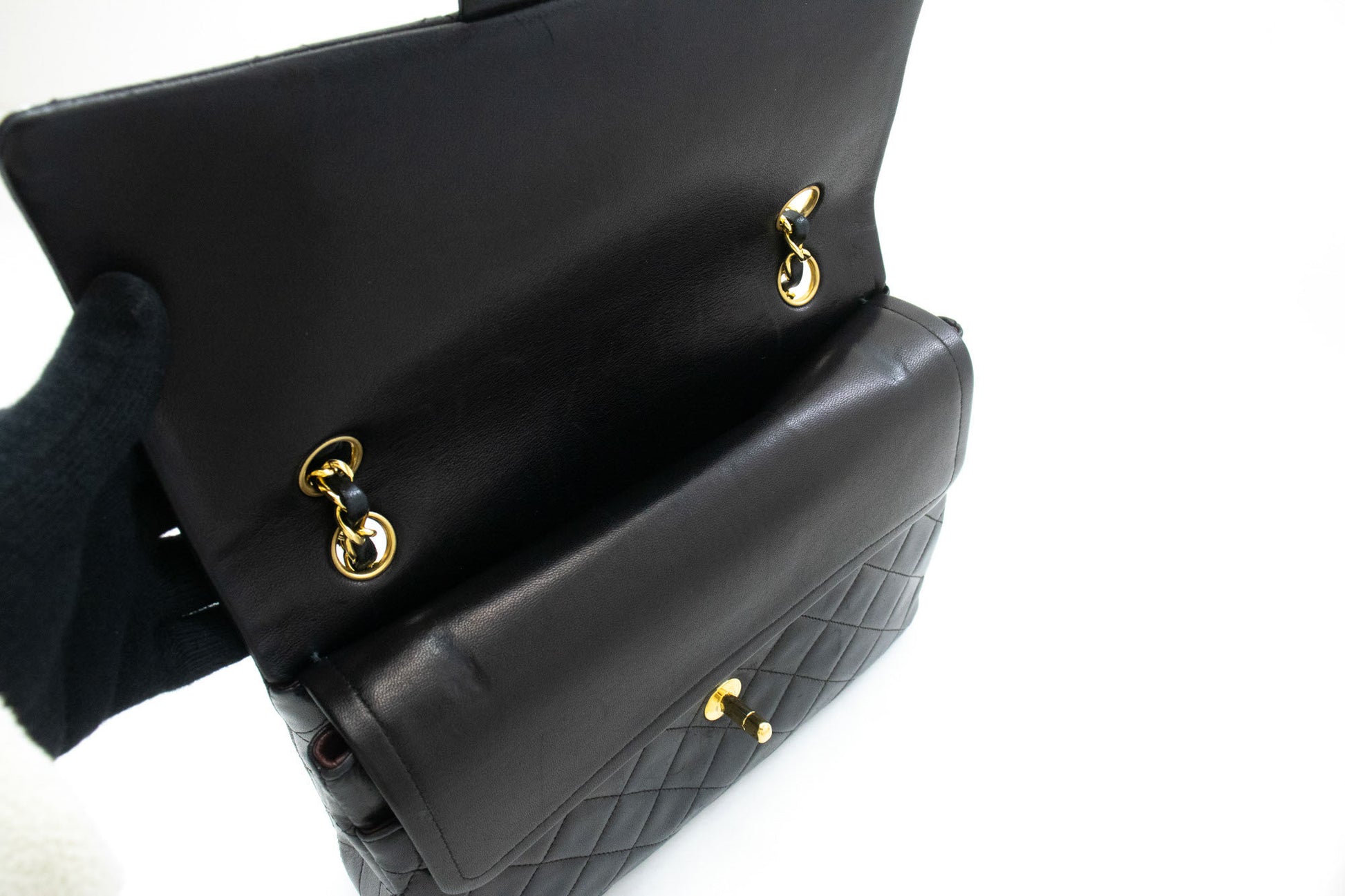 CHANEL Classic Double Flap Square Chain Shoulder Bag Black Lamb ad1 hannari-shop
