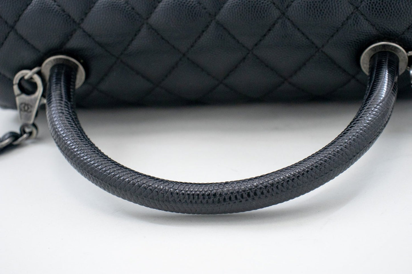 CHANEL 2 Way Top Handle Handbag Shoulder Bag Black Caviar Leather L52