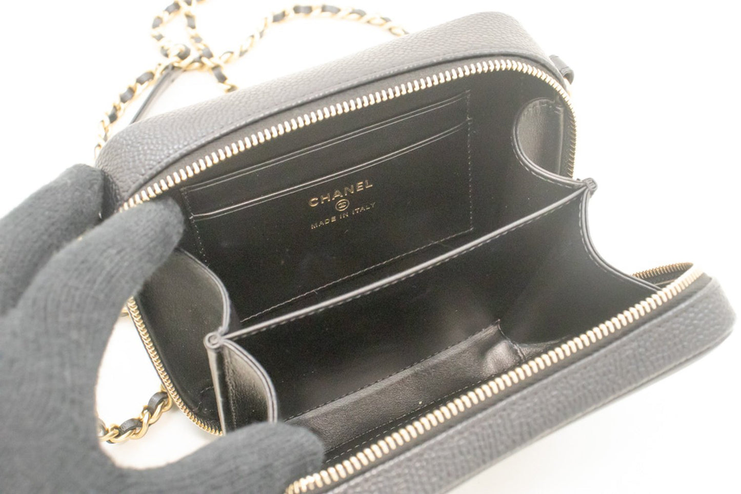 CHANEL Micro Caviar Grained Calfskin Chain Shoulder Bag Black Zip L82