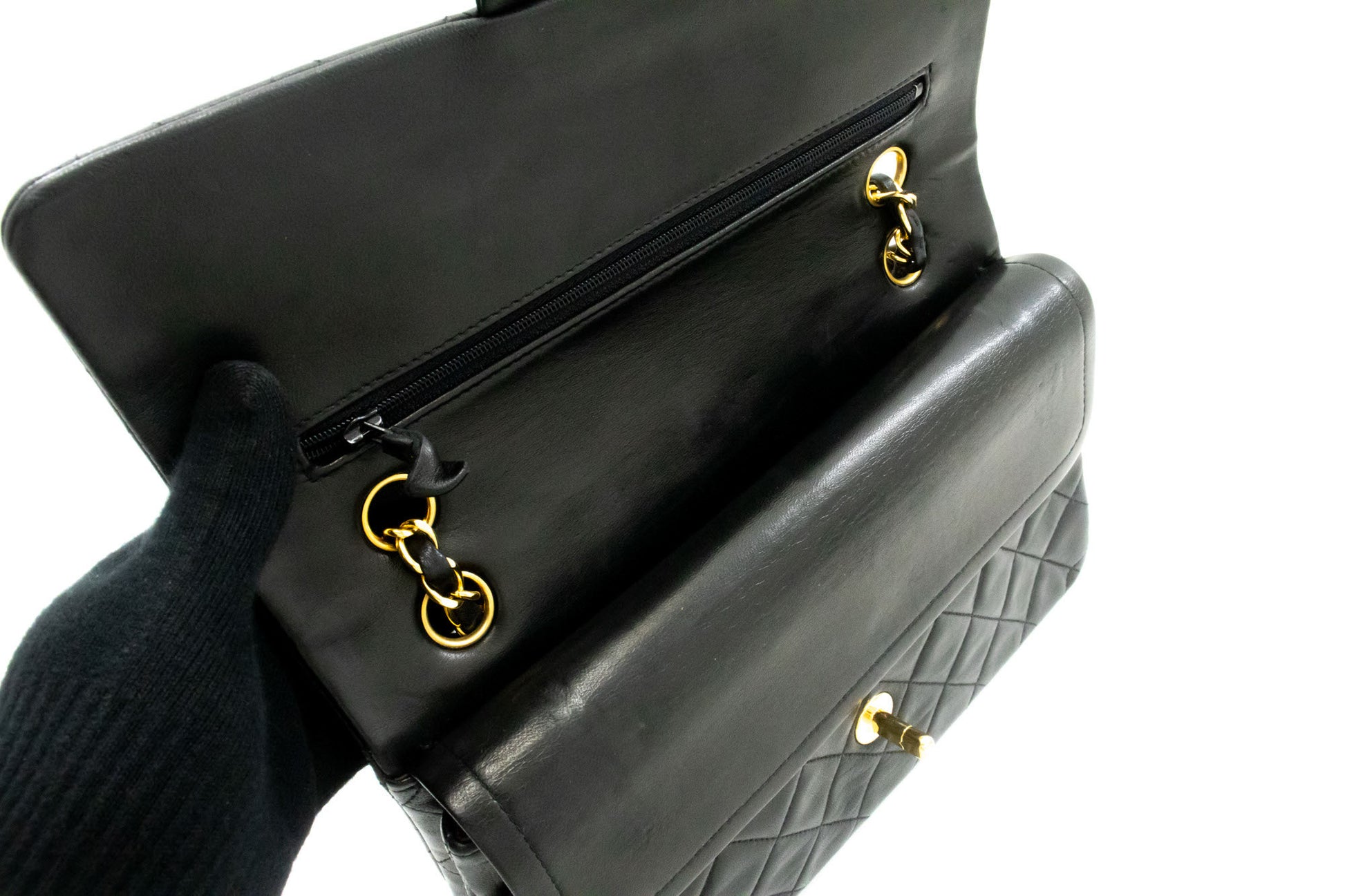 CHANEL Classic Double Flap 10" Chain Shoulder Bag Black Lambskin ag1 hannari-shop