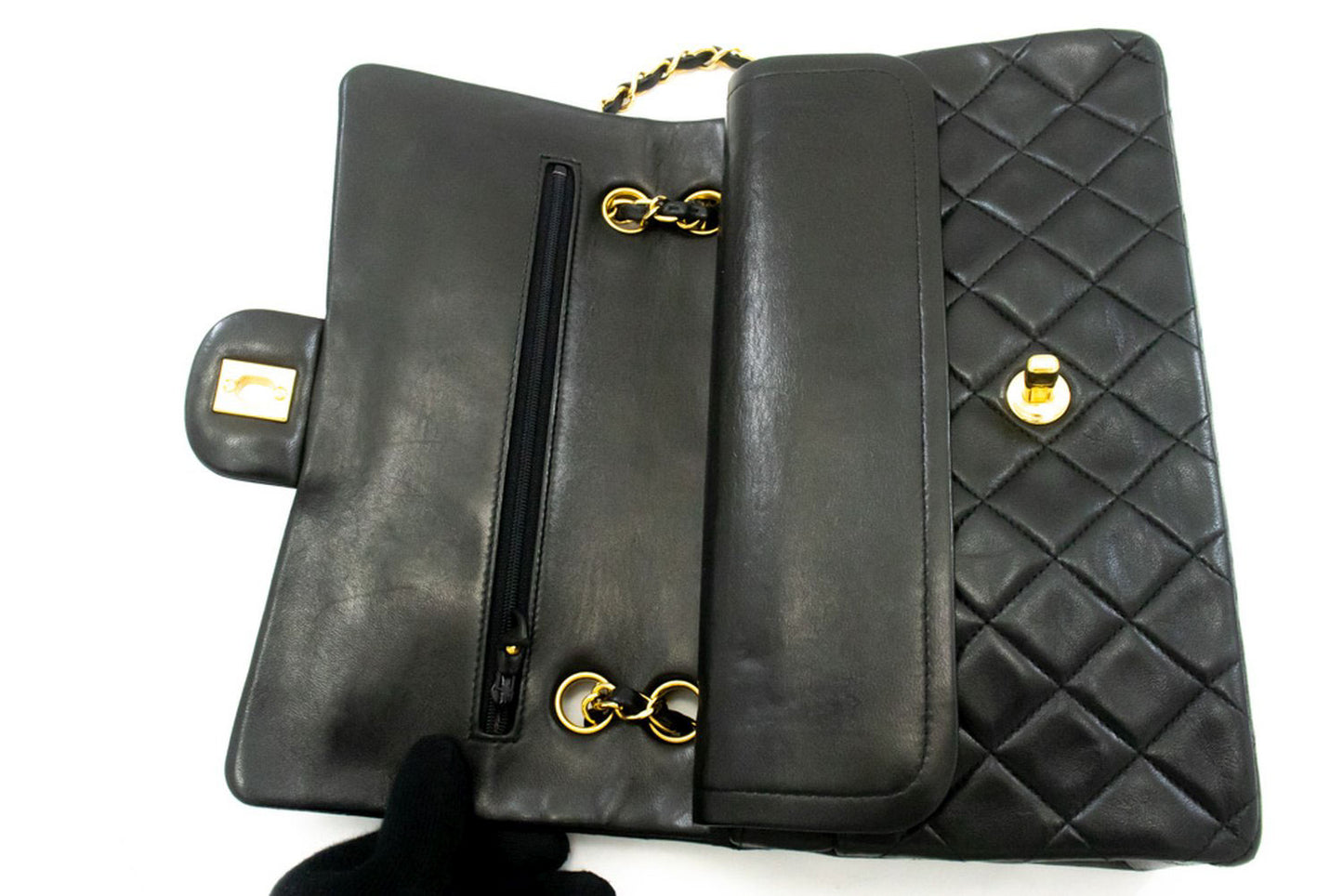 CHANEL Classic Double Flap 10" Chain Shoulder Bag Black Lambskin ag1 hannari-shop
