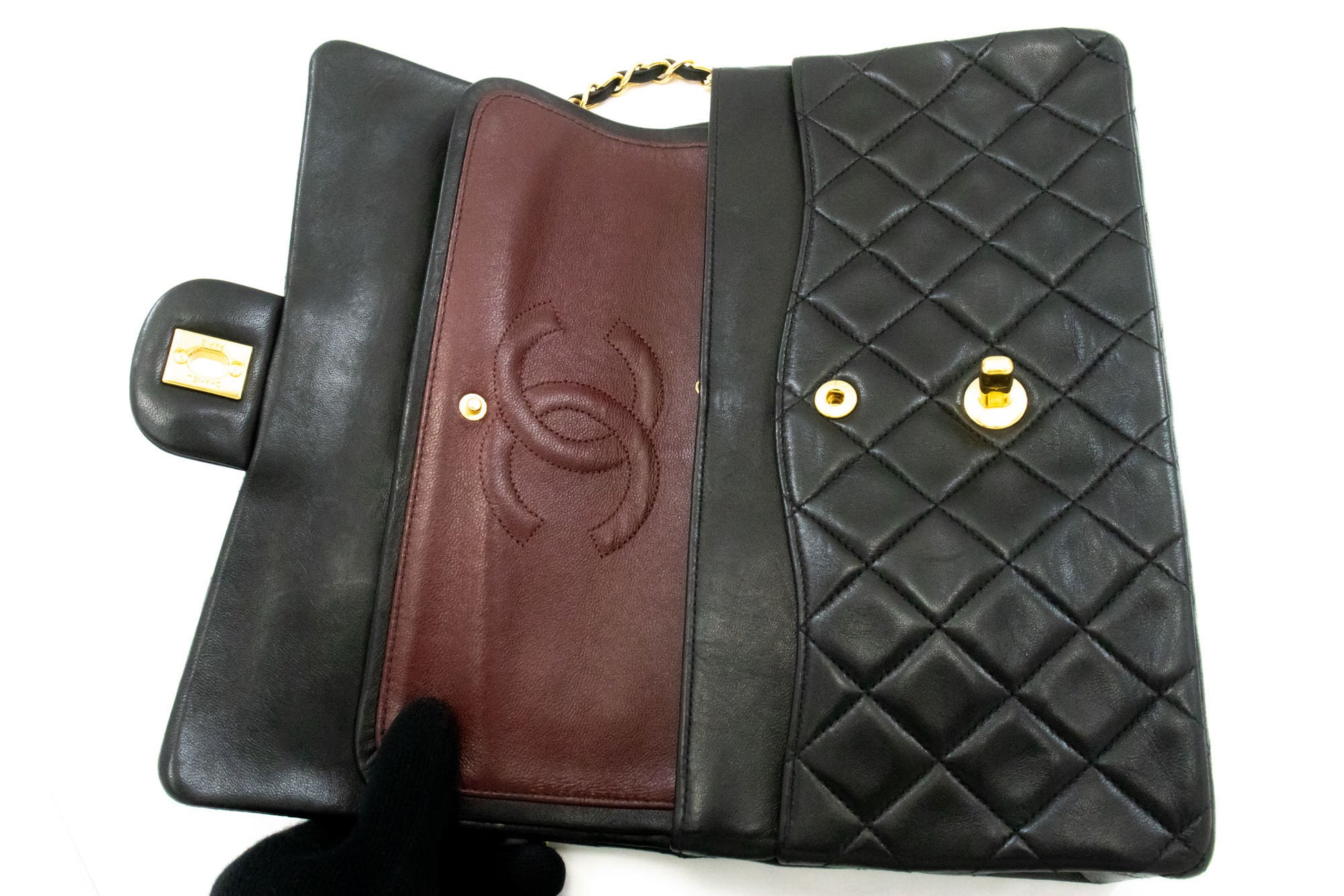 CHANEL Classic Double Flap 10" Chain Shoulder Bag Black Lambskin ag1 hannari-shop