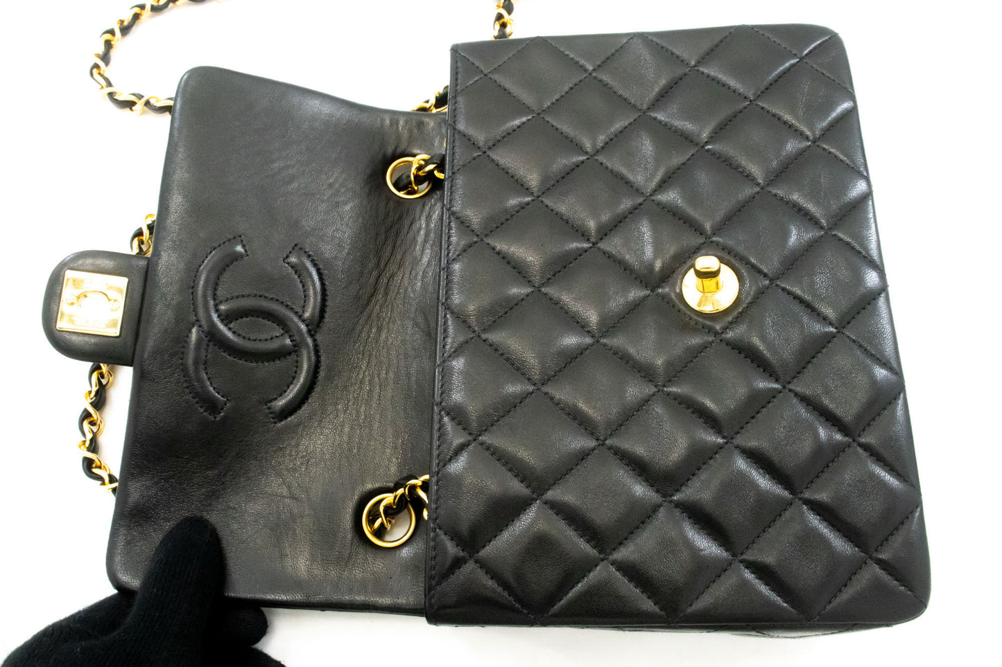 CHANEL Mini Square Small Chain Shoulder Bag Crossbody Black Lamb af9 hannari-shop