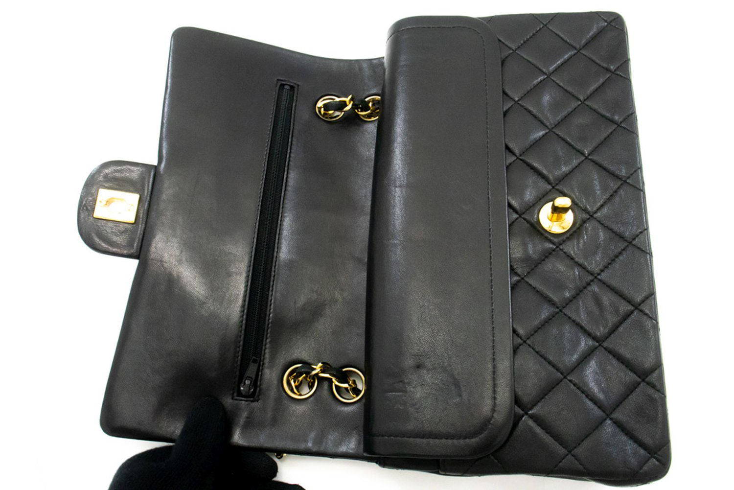 CHANEL Classic Double Flap 10" Chain Shoulder Bag Black Lambskin ag5 hannari-shop