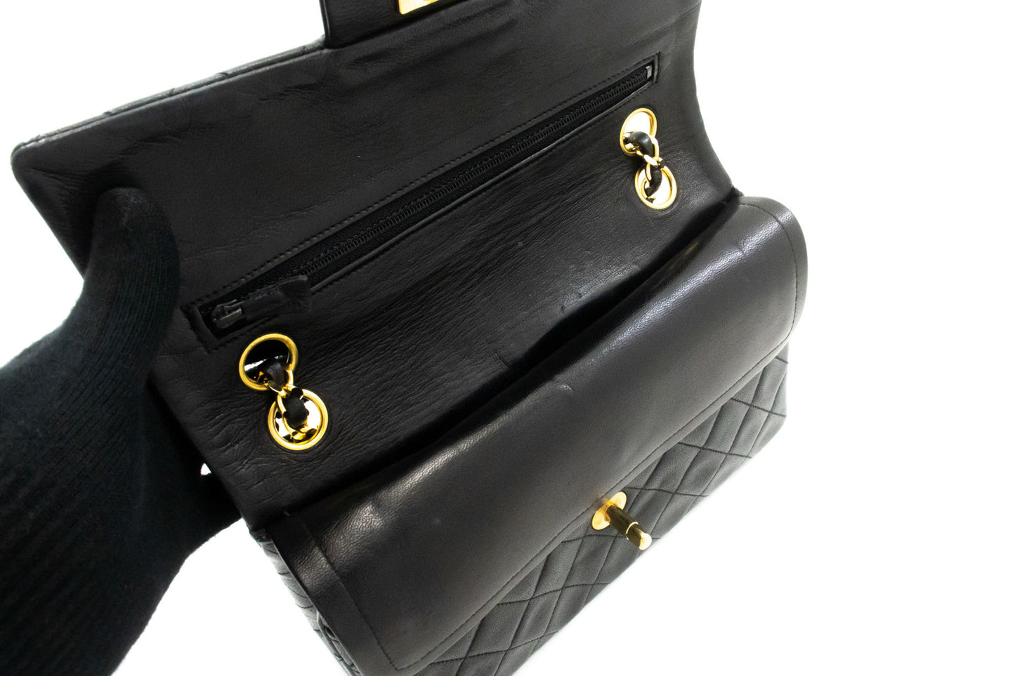 CHANEL Classic Double Flap 9" Chain Shoulder Bag Black Lambskin p46 hannari-shop