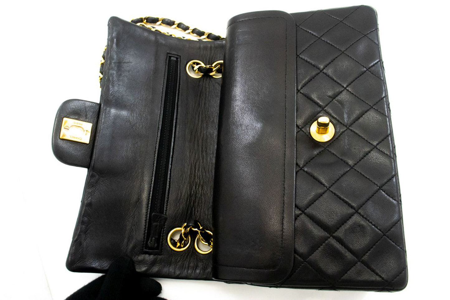 CHANEL Classic Double Flap 9" Chain Shoulder Bag Black Lambskin p46 hannari-shop
