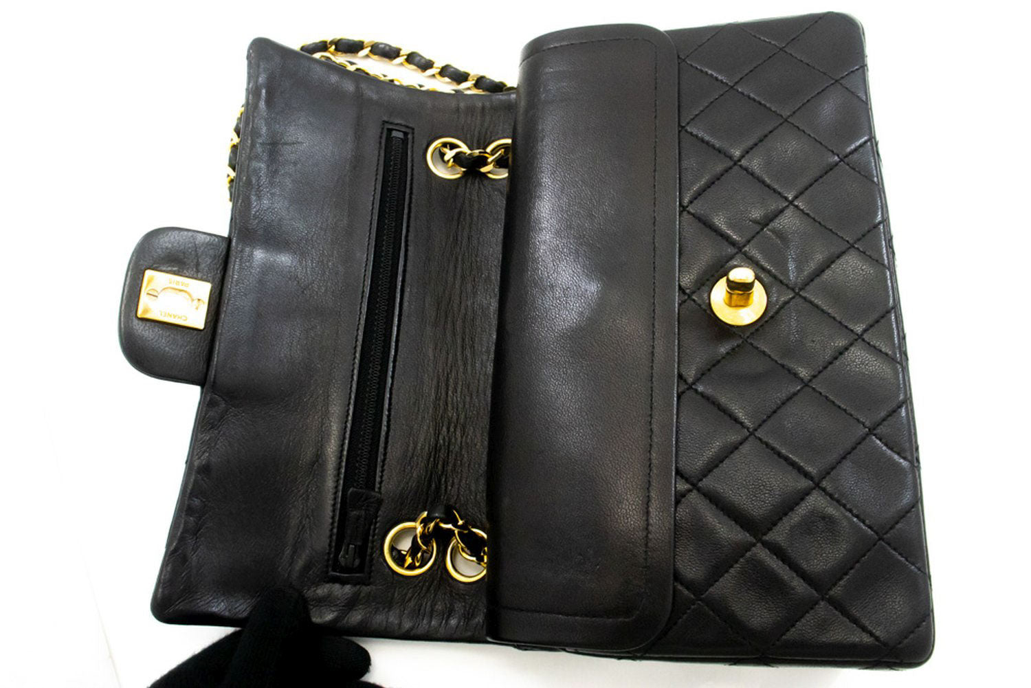 CHANEL Classic Double Flap 9" Chain Shoulder Bag Black Lambskin p46 hannari-shop