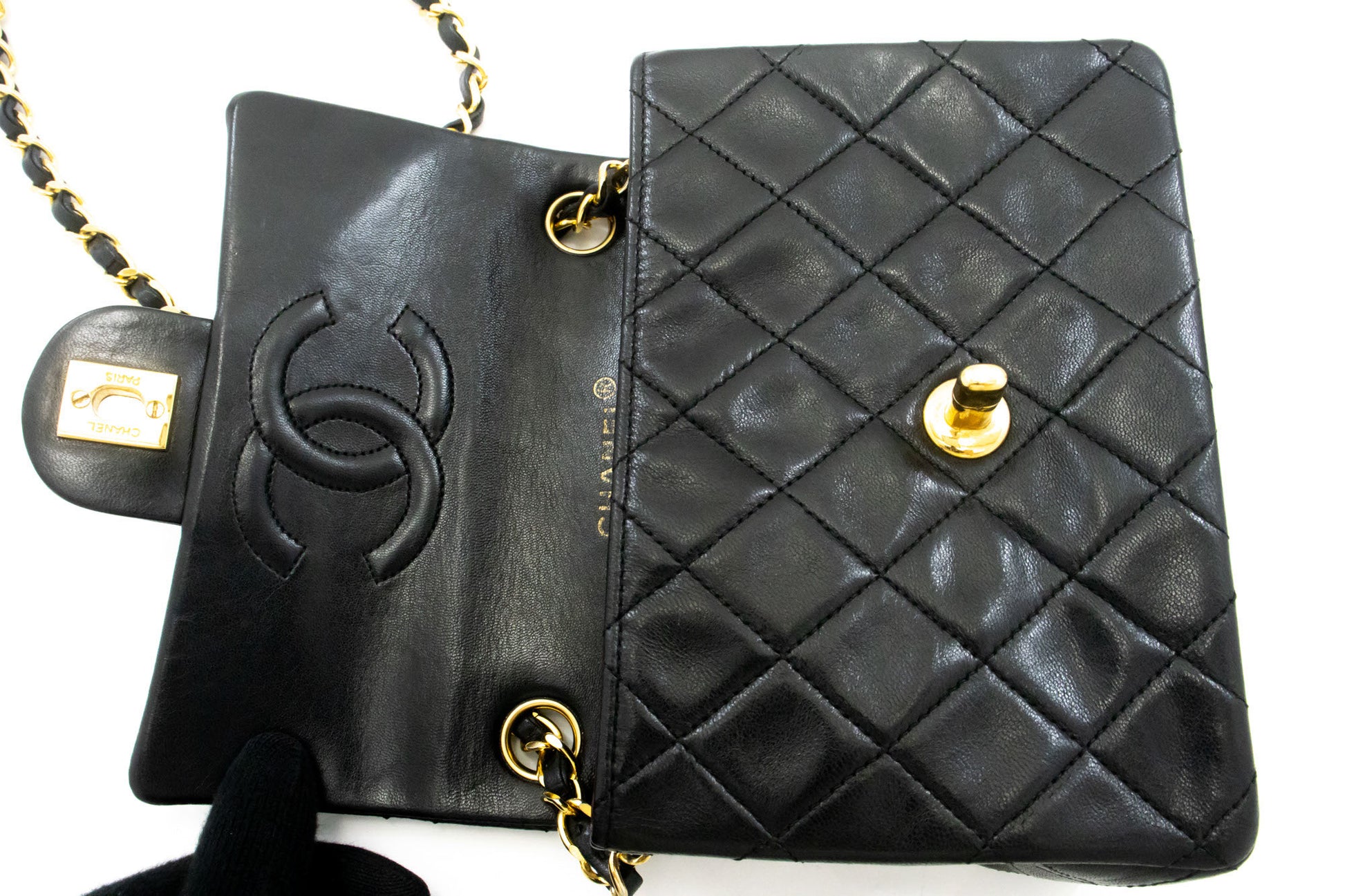 CHANEL Mini Square Small Chain Shoulder Bag Crossbody Black Lamb ag9 hannari-shop