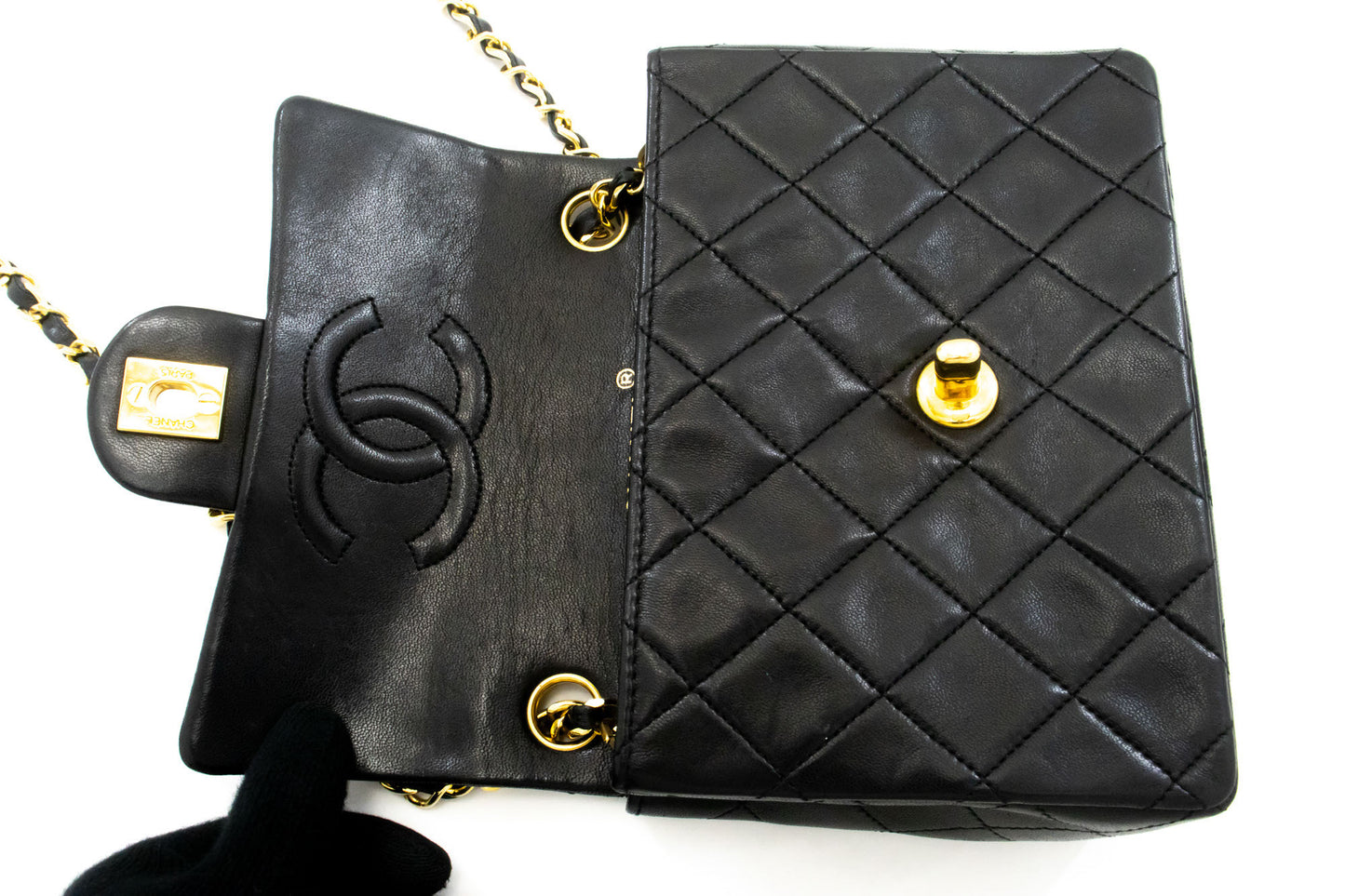 CHANEL Mini Square Small Chain Shoulder Bag Crossbody Black Lamb ag7 hannari-shop
