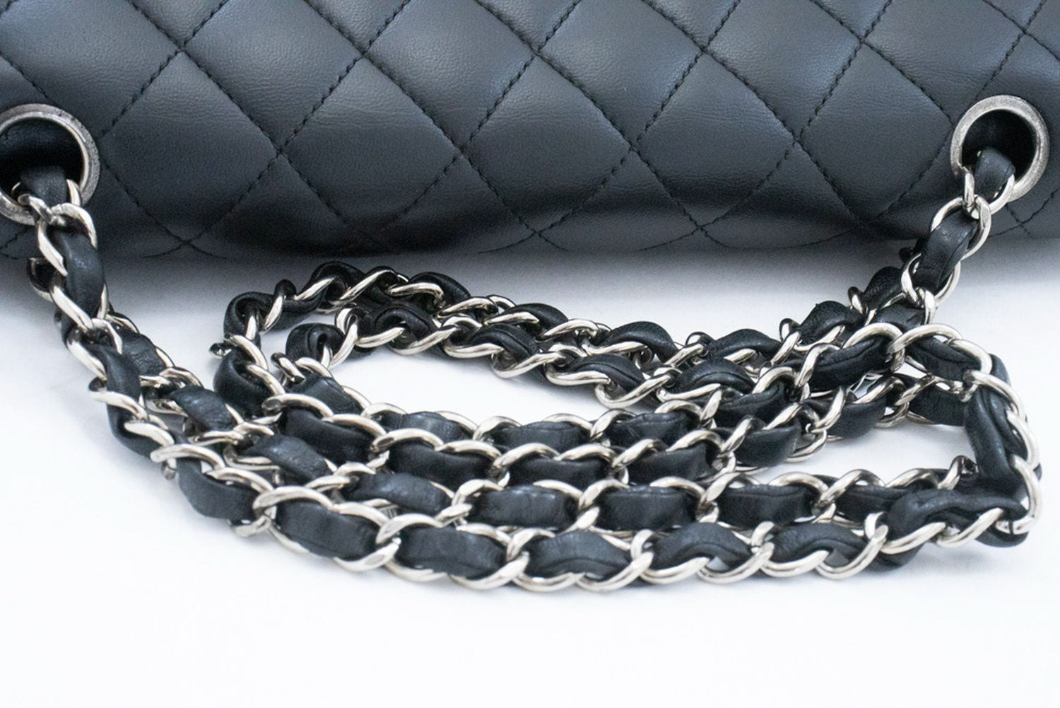 CHANEL Classic Double Flap 10" Silver Chain Shoulder Bag Black ai1 hannari-shop