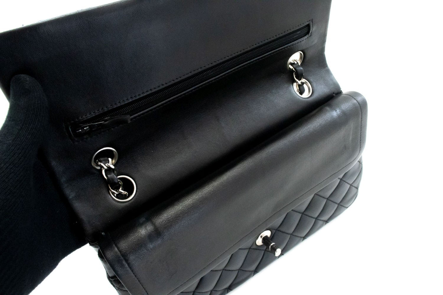 CHANEL Classic Double Flap 10" Silver Chain Shoulder Bag Black ai1 hannari-shop