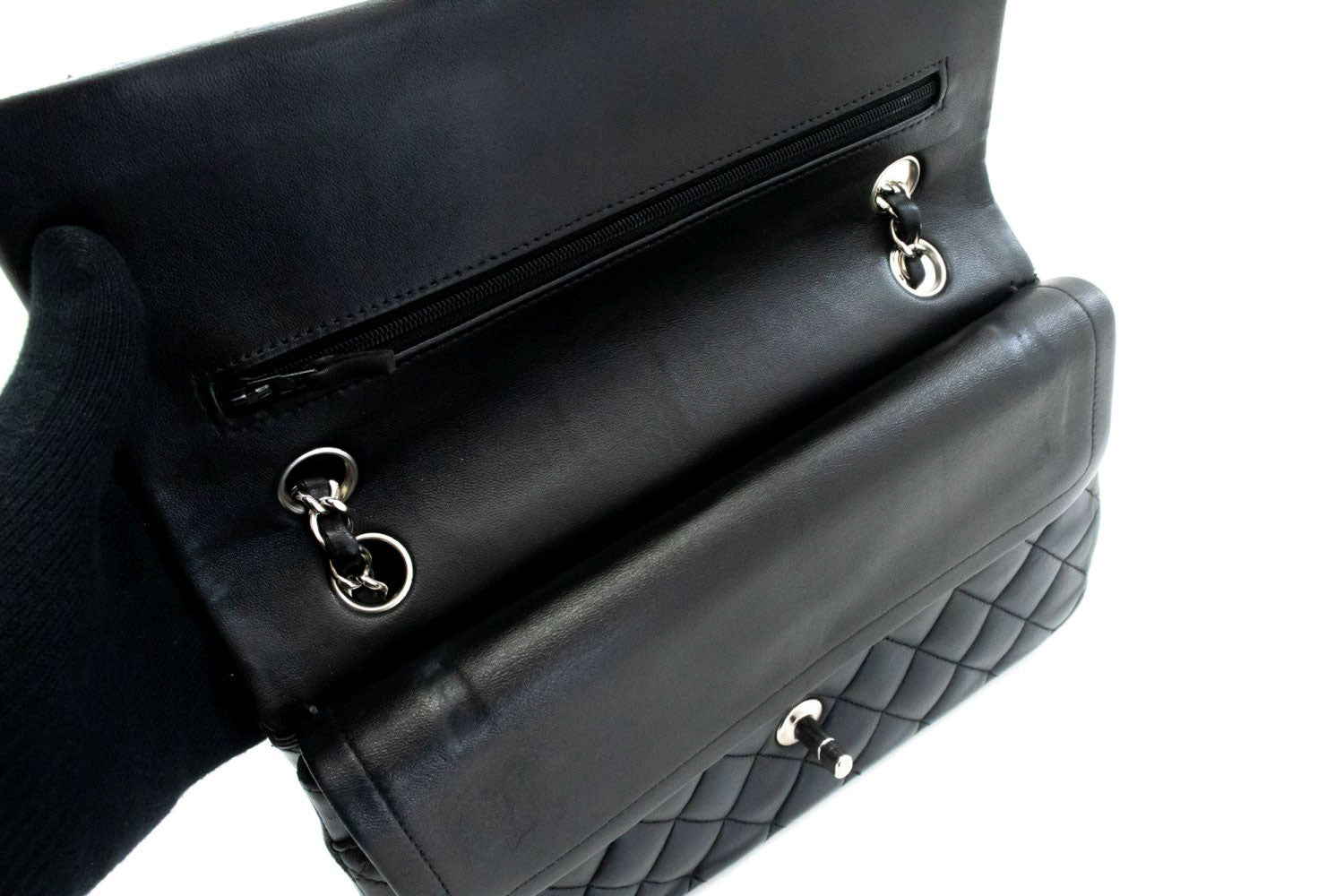 CHANEL Classic Double Flap 10" Silver Chain Shoulder Bag Black ai1 hannari-shop