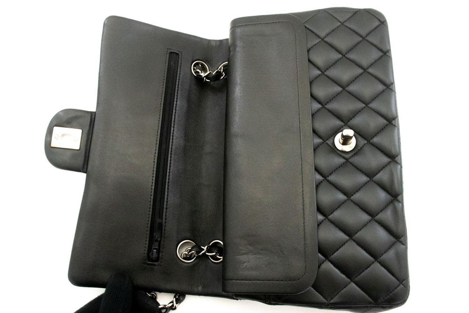 CHANEL Classic Double Flap 10" Silver Chain Shoulder Bag Black ai1 hannari-shop