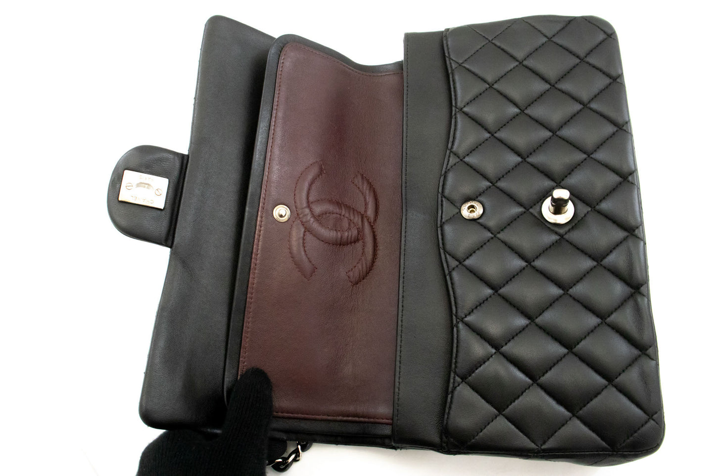 CHANEL Classic Double Flap 10" Silver Chain Shoulder Bag Black ai1 hannari-shop
