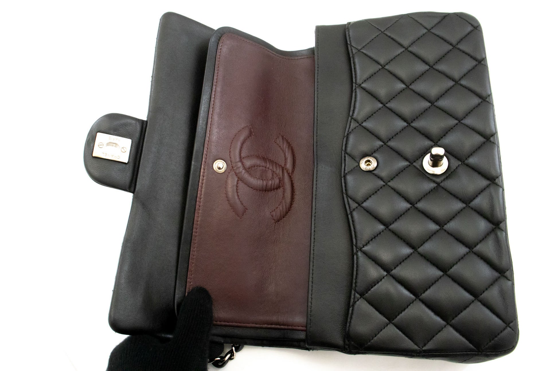 CHANEL Classic Double Flap 10" Silver Chain Shoulder Bag Black ai1 hannari-shop