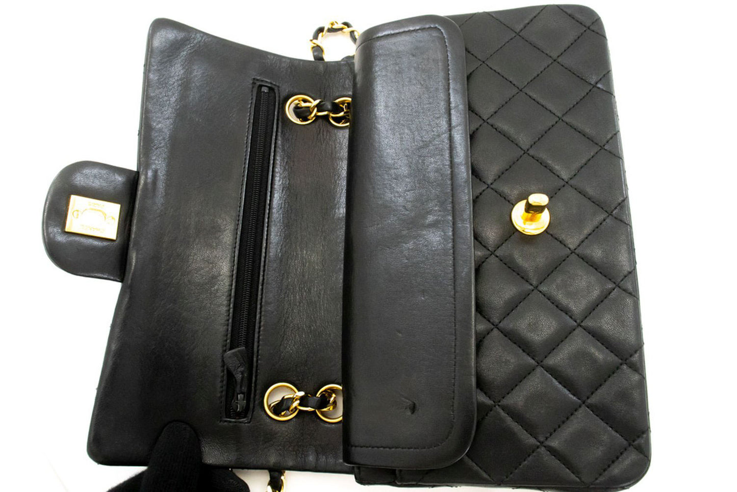 CHANEL Classic Double Flap 9" Chain Shoulder Bag Black Lambskin ak5 hannari-shop
