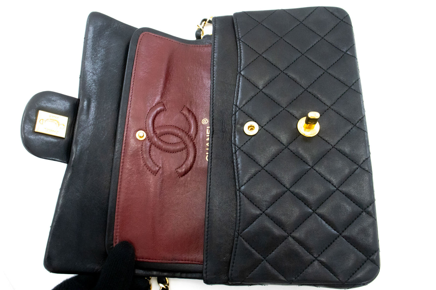 CHANEL Classic Double Flap 9" Chain Shoulder Bag Black Lambskin ak5 hannari-shop