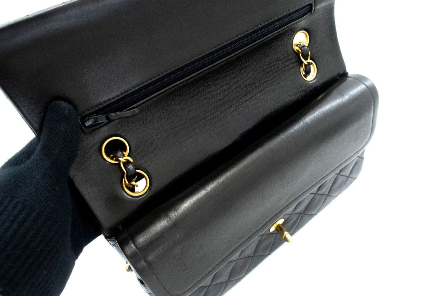 CHANEL Classic Double Flap 10" Chain Shoulder Bag Black Lambskin ak4 hannari-shop