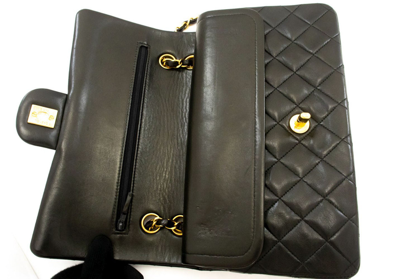 CHANEL Classic Double Flap 10" Chain Shoulder Bag Black Lambskin ak4 hannari-shop