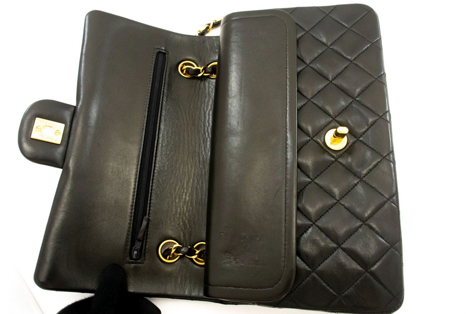 CHANEL Classic Double Flap 10" Chain Shoulder Bag Black Lambskin ak4 hannari-shop