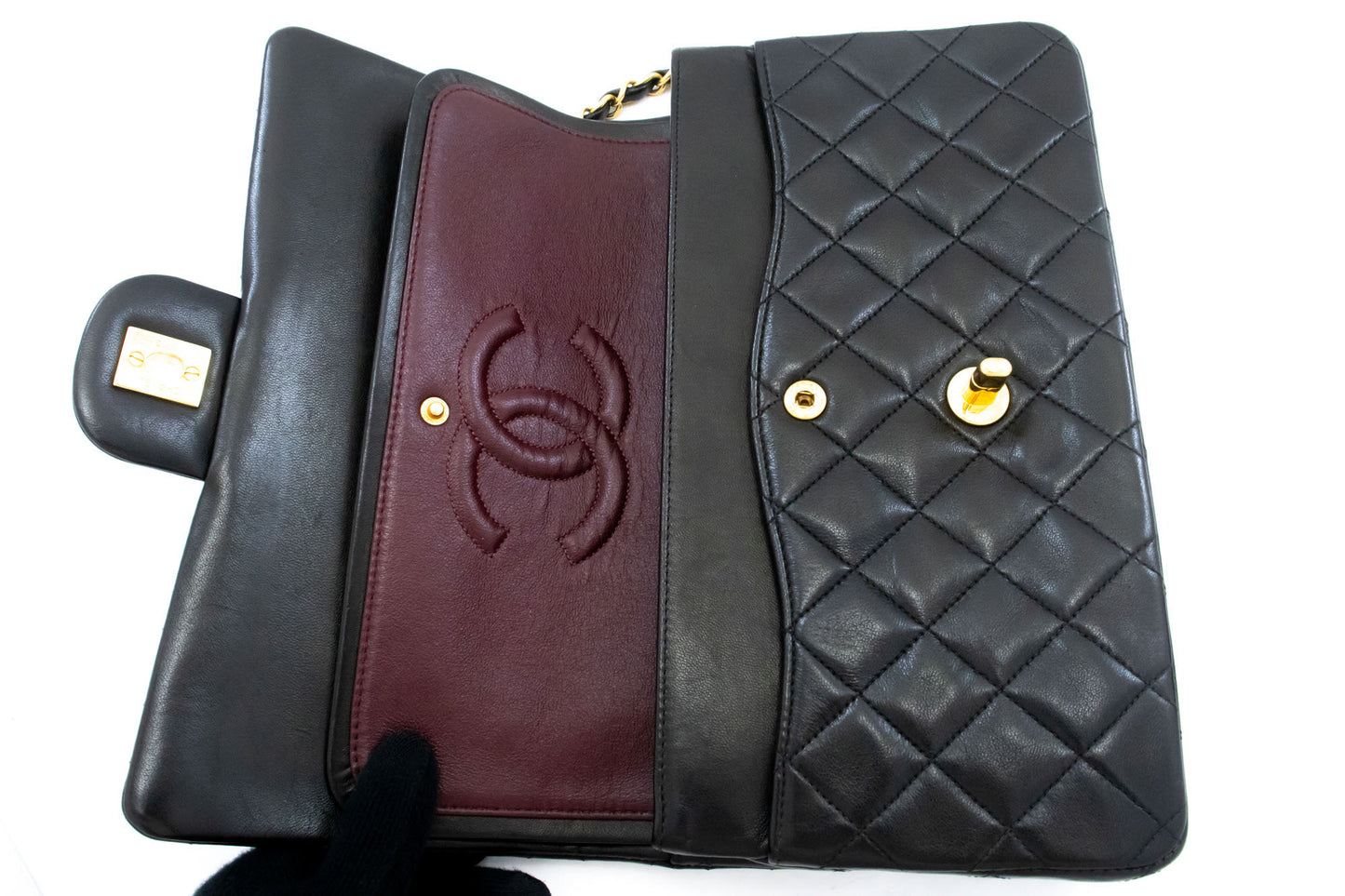CHANEL Classic Double Flap 10" Chain Shoulder Bag Black Lambskin ak4 hannari-shop
